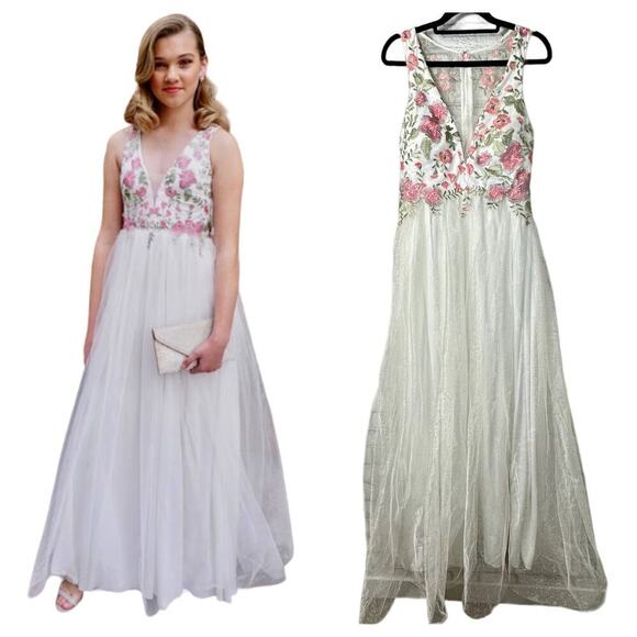 My Michelle Prom Dress Embroidered Tulle Formal Maxi Floral White Pink Green 7 - Picture 1 of 10